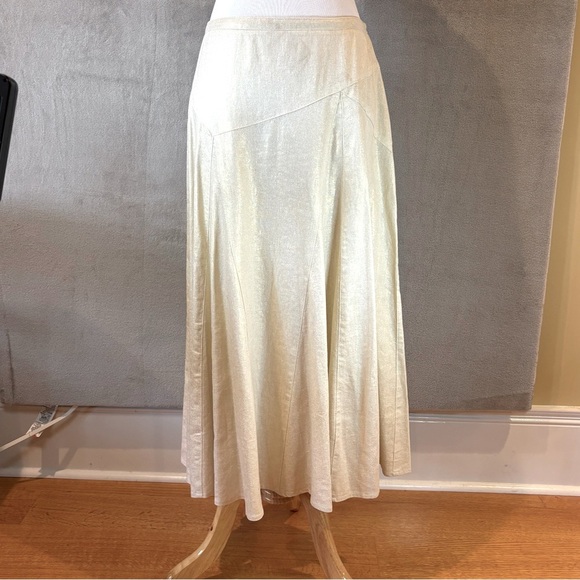 Linen Metallic Gold Sheen Midi Skirt Sz 4 Coastal Lagenlook Preppy Resort Cruise - Picture 1 of 7